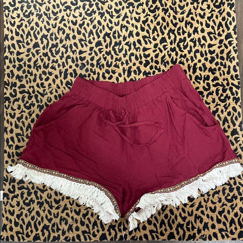 White and Maroon Shorts with Lace Trim
